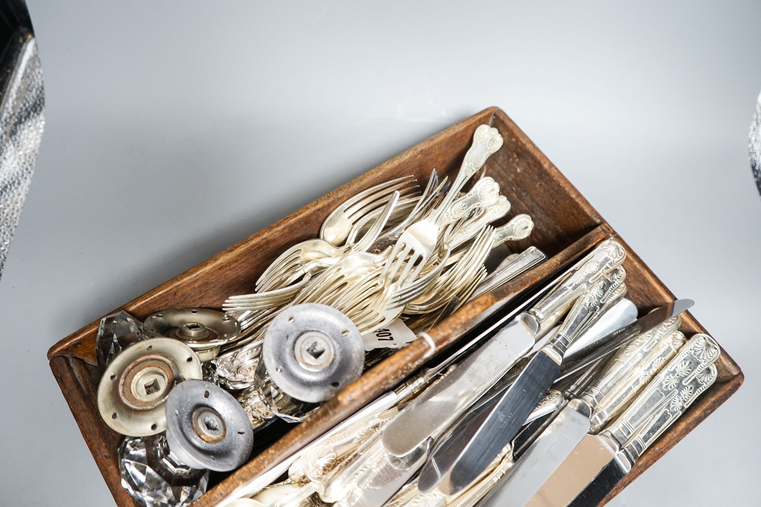 A 19th century cutlery carrier and a large quantity of Kings pattern plate etc.